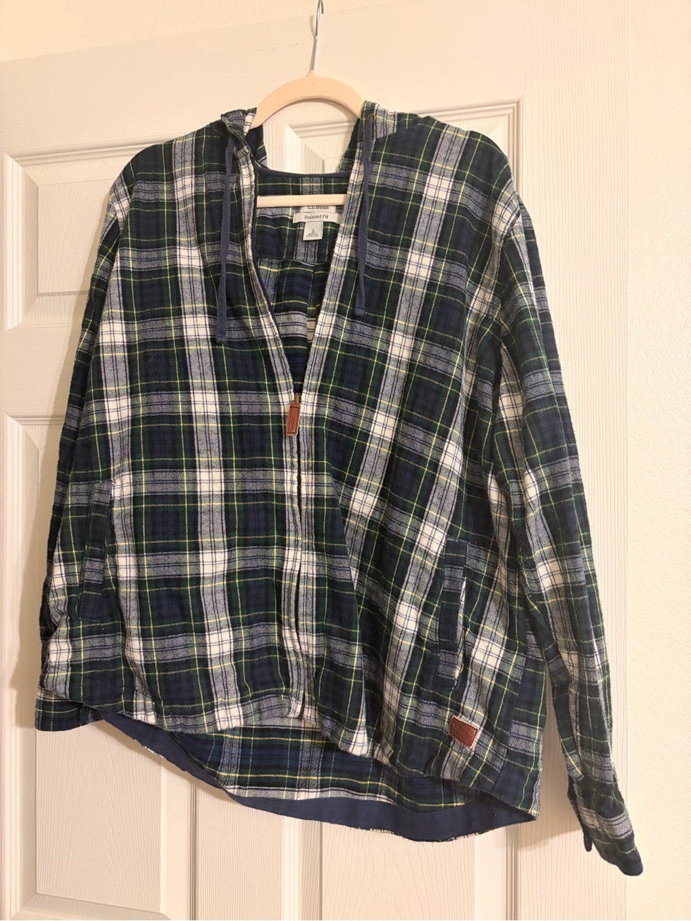 L.L. Bean Hooded Plaid Zip Jacket in Navy, White & Green